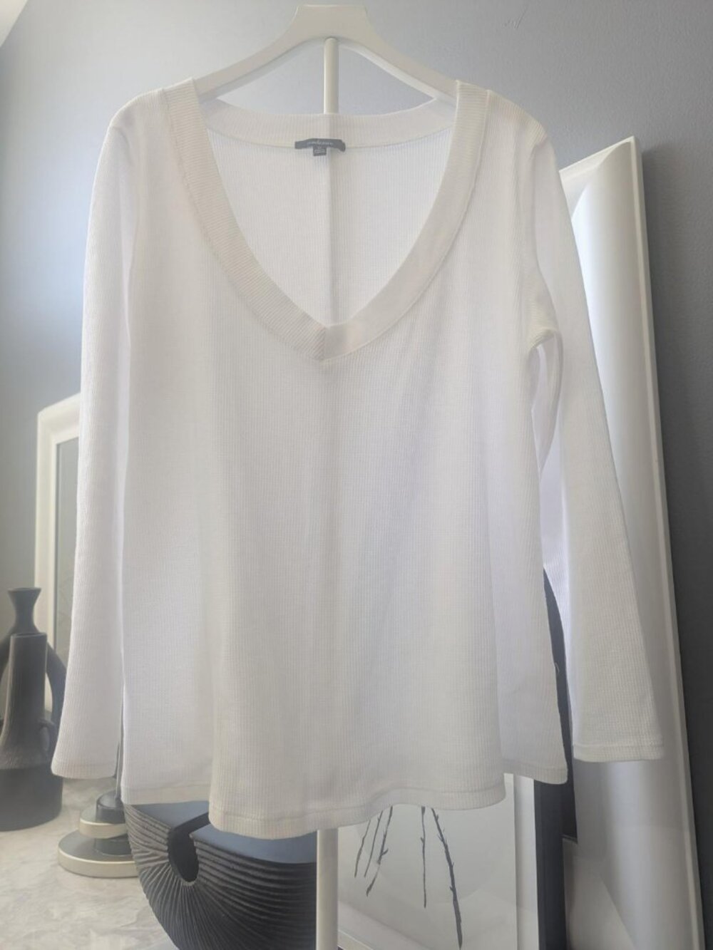 Ambiance White Ribbed V-Neck Long Sleeve Top Size 3X